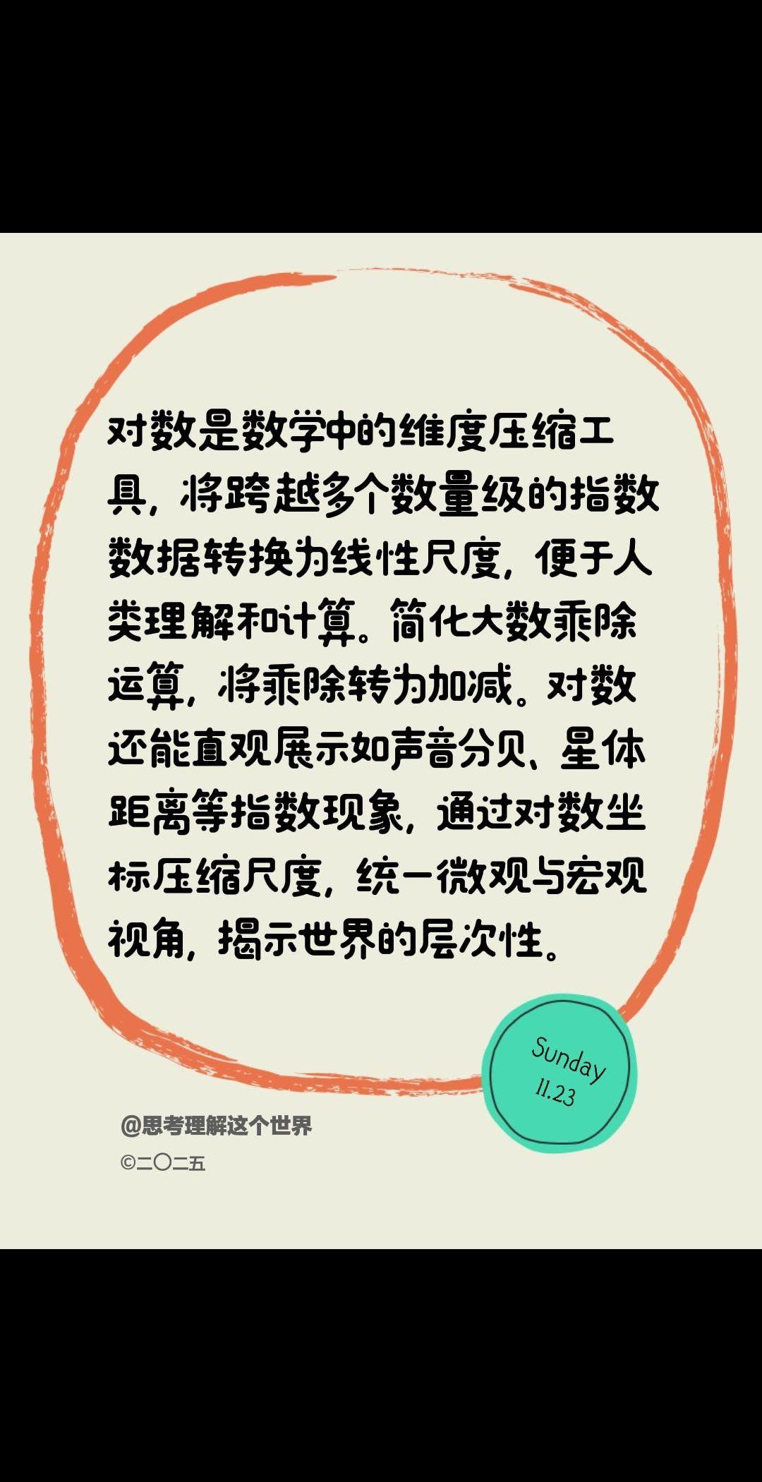 我评论了@思考理解这个世界 的作品：
对数是数学中的维度压缩工具，将跨越多个数量