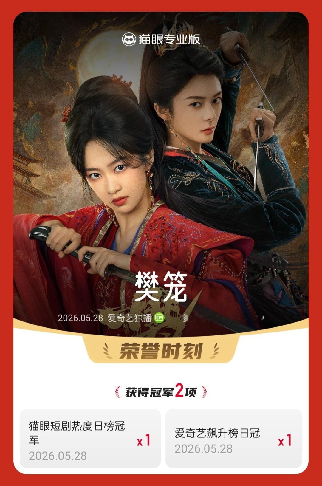 樊笼开播首日热度登顶  据猫眼专业版数据，（排名不分先后）领衔主演短剧《樊笼》开