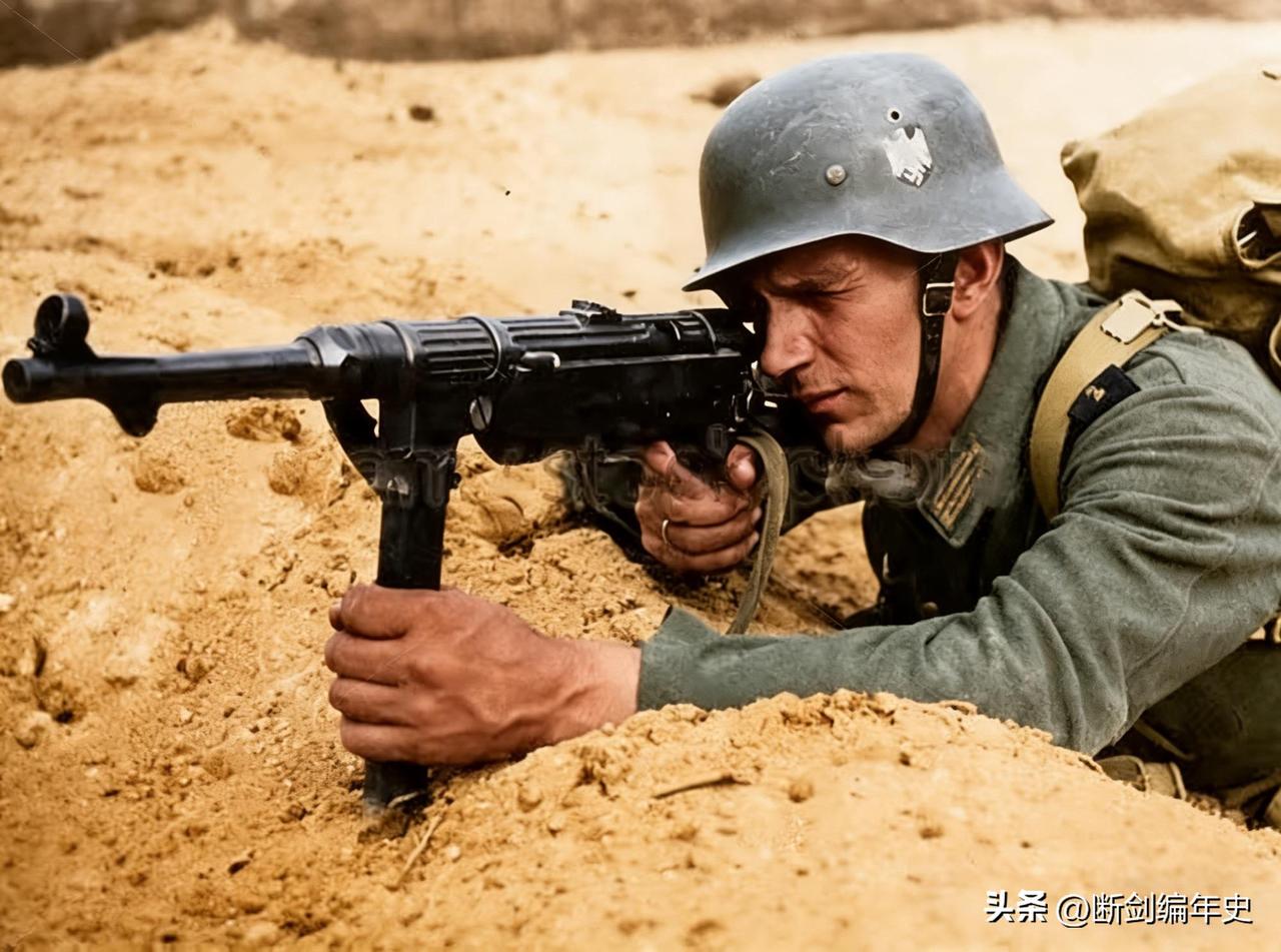 一名国防军士兵正在使用一支MP40冲锋枪。MP40是二战期间德国最具代表性的冲锋