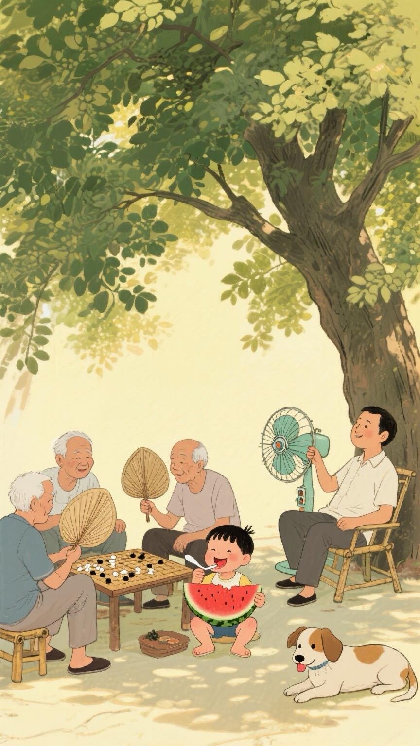 以前的夏天哪有现在这么舒服！天刚热就把竹床搬到大树底下，大人摇着蒲扇唠家常，小孩