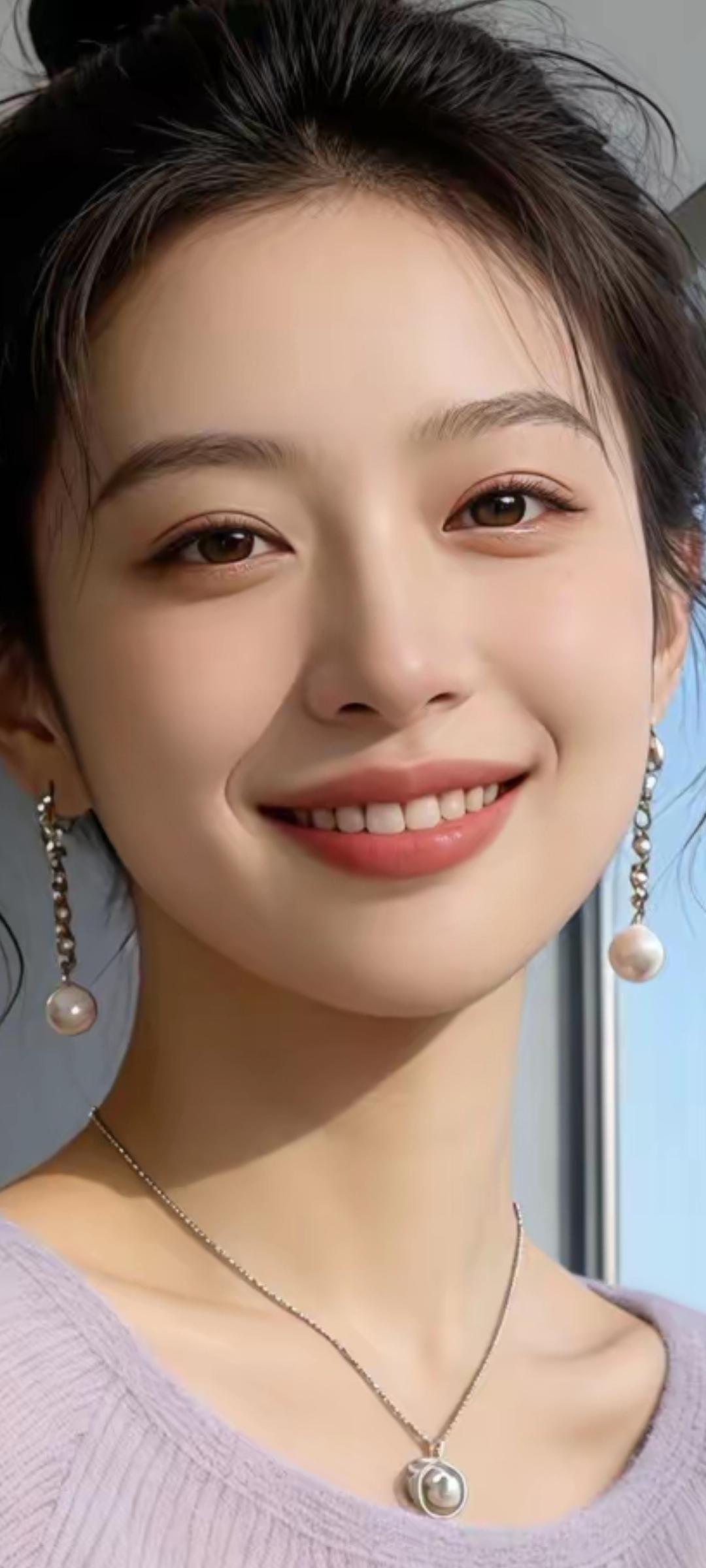 温柔微笑，珍珠耳环点缀，甜美可人