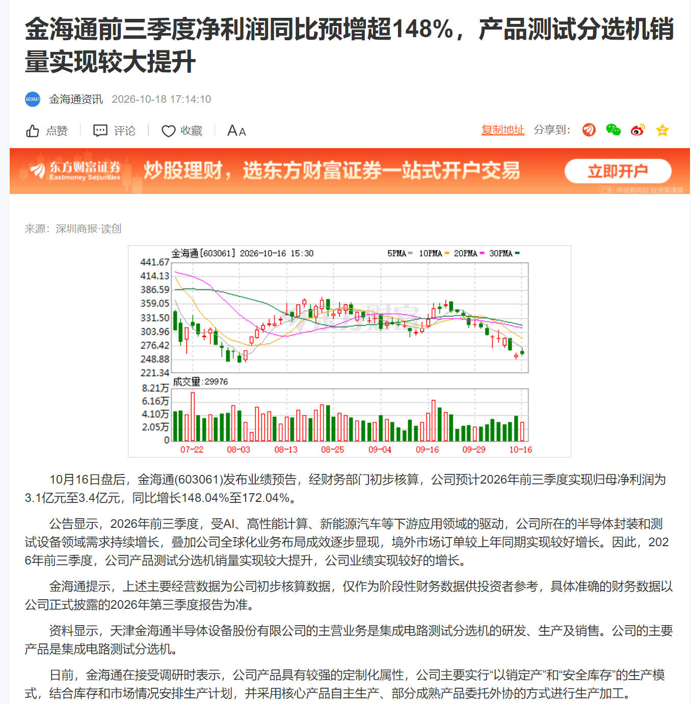 金海通前三季度净利润同比预增超148%，产品测试分选机销量实现较大提升 ​​​