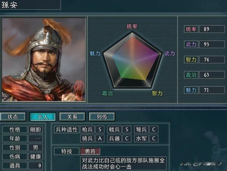 田虎在三国志11水浒版的骨干力量，是梁山进军西北的最大障碍！
孙安作为田虎麾下的