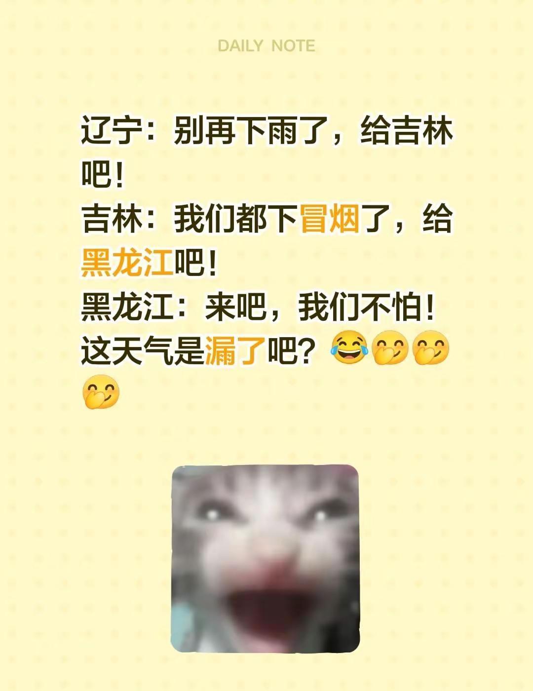 辽宁：别再下雨了，给吉林吧！吉林：我们都下冒烟了，给黑龙江吧！黑龙江：来吧，我们