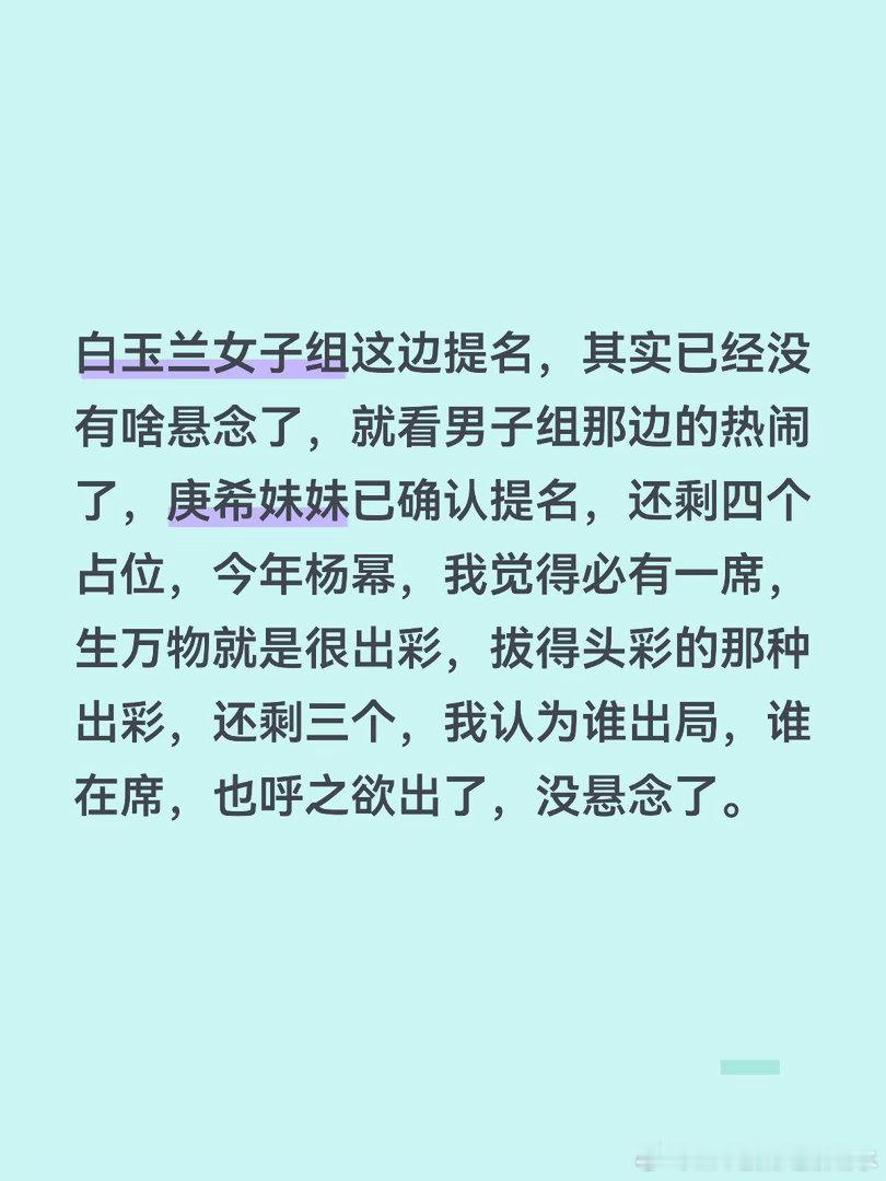 白玉兰女子组这边提名，其实已经没有啥悬念了，就看男子组那边的热闹了，庚希妹妹已确