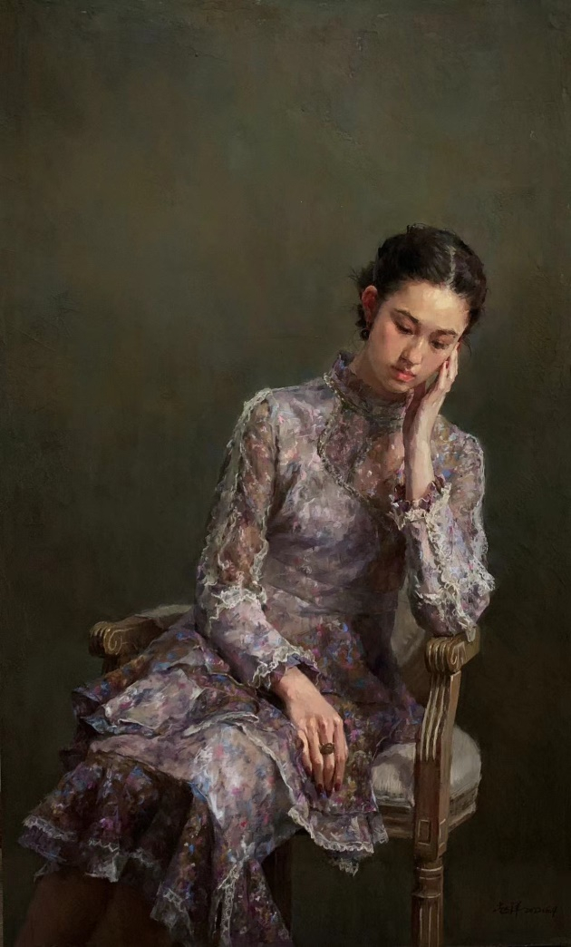 赵洋人物油画《小蕊》 84×114cm这幅画是一幅写实风格的油画肖像作品，画面整