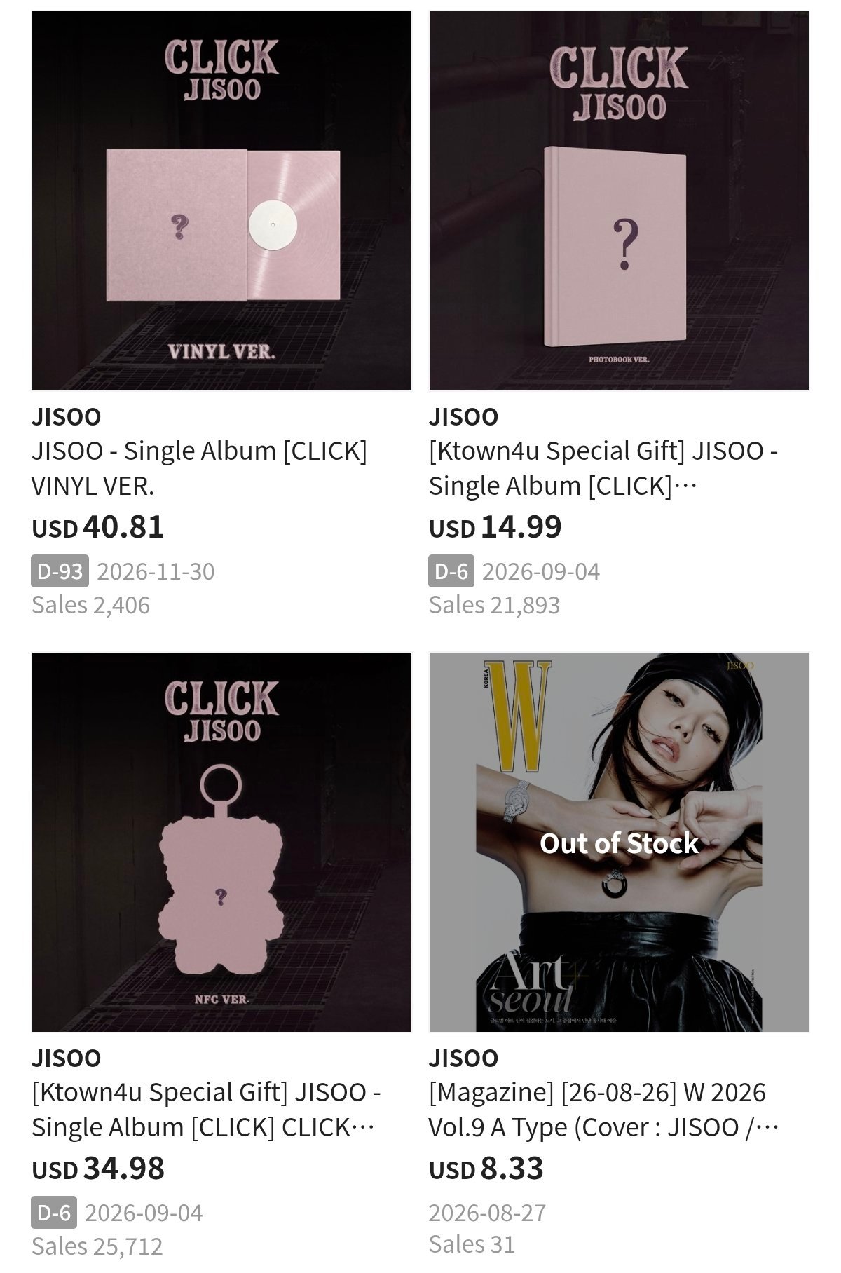 JISOO的单曲专辑《CLICK》在Ktown4u K-pop 日榜重回前二，所