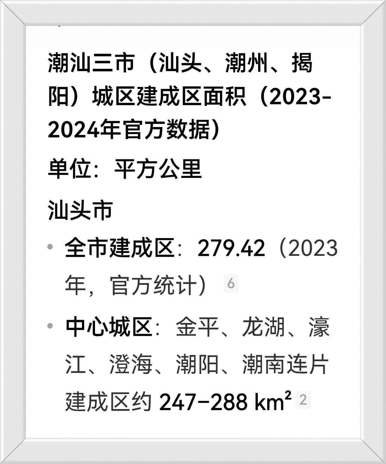广东省潮汕三市建成区面积（2023年一2024年官方数据）
三市比较：
汕头>揭
