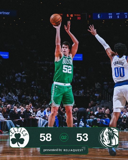 半场比赛结束，我们暂时以58-53领先独行侠☘️塔图姆5分5篮板5助攻☘️布朗1