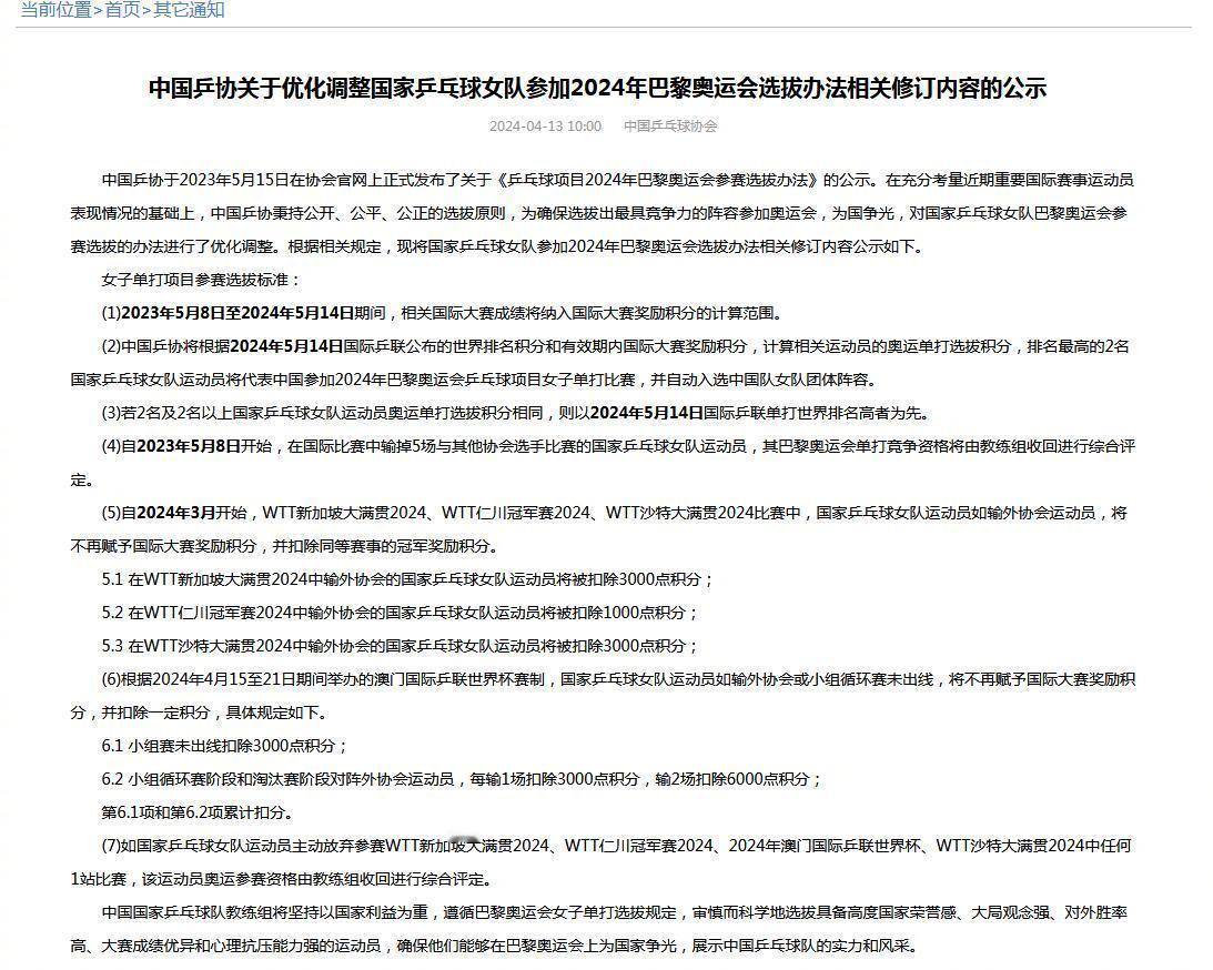 #乒协优化女队奥运选拔办法# 北京时间4月13日上午，中国乒协发布《乒乓球项目2