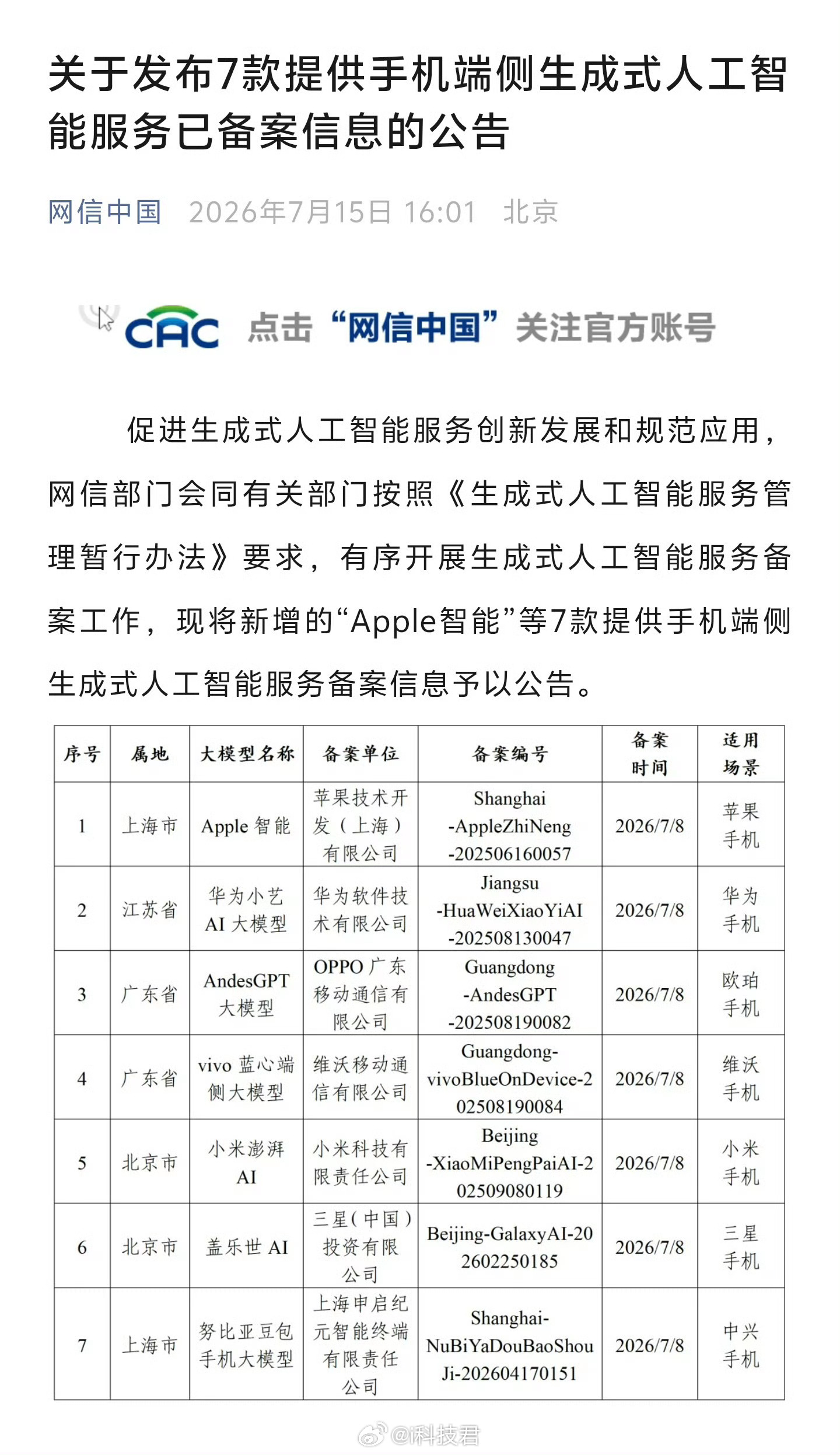 苹果AI国行版已过审网信部门发布 7 款提供手机端侧生成式人工智能服务已备案信息