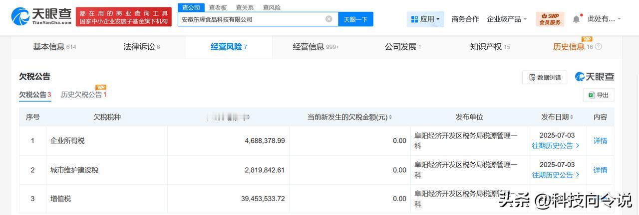 【小杨哥带货槽头肉厂家欠税4696万 小杨哥带货槽头肉厂家欠税4696万被公告】