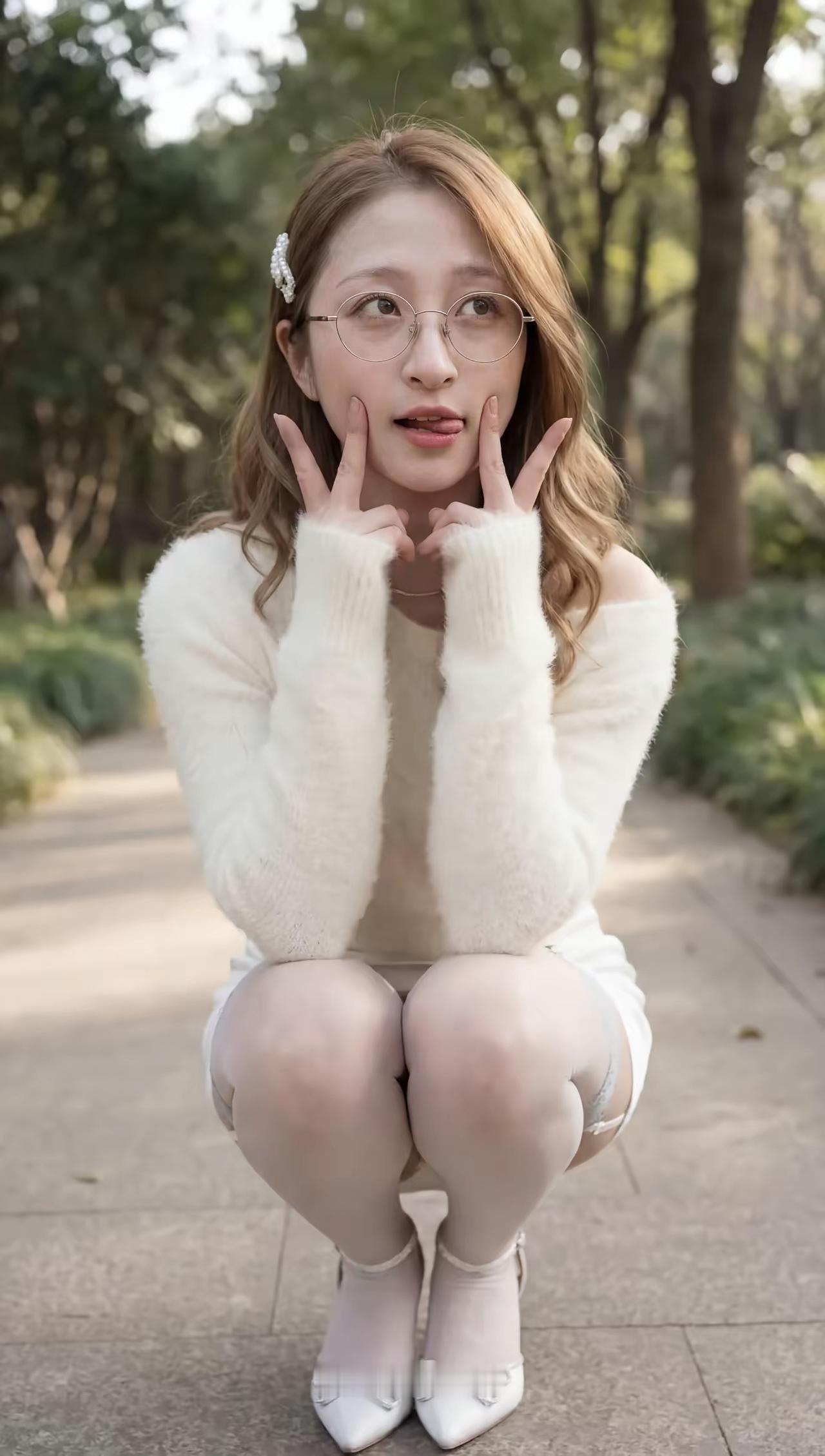 秋日森林中的甜美少女，温柔眼镜与毛绒毛衣相得益彰，可爱满分！🍂💖