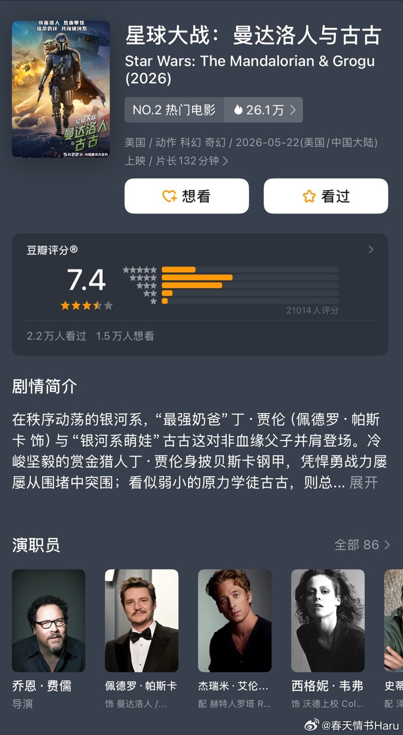 《星球大战：曼达洛人与古古》豆瓣开分7.4，烂番茄的爆米花指数89%，观众还是认
