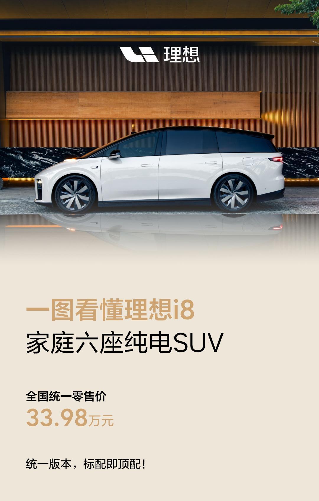 理想i8一口价33.98万 理想i8价格调整了，现在就一个配置，统一售价33.9