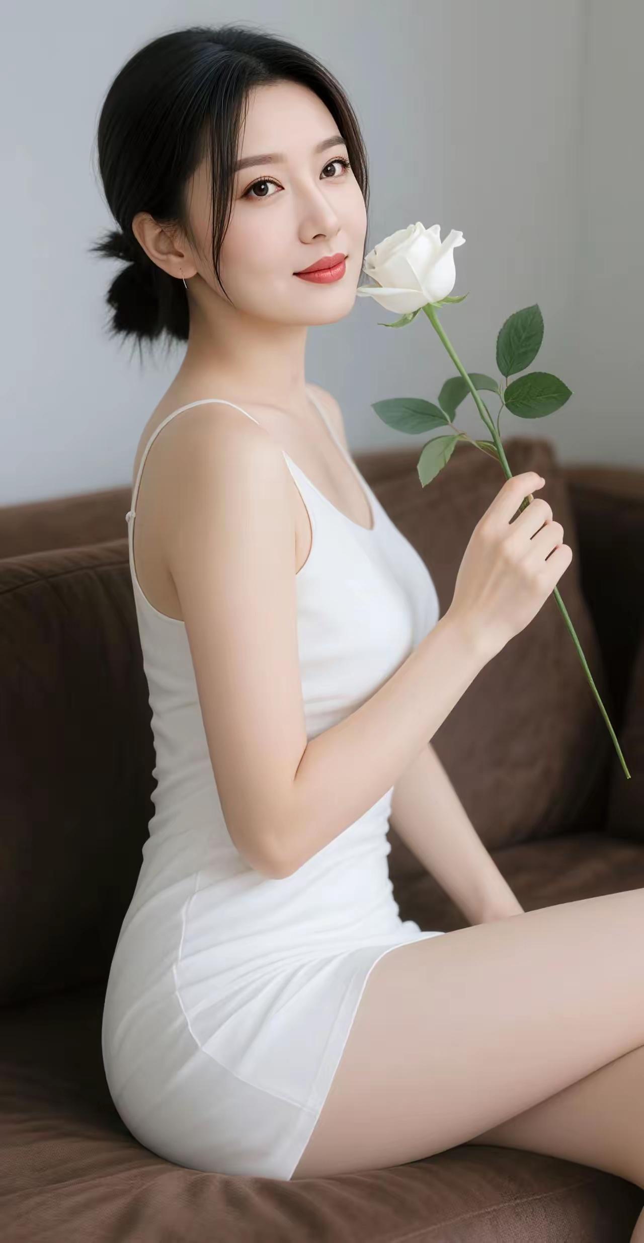 优雅白裙与玫瑰的完美结合，尽显温柔与浪漫。