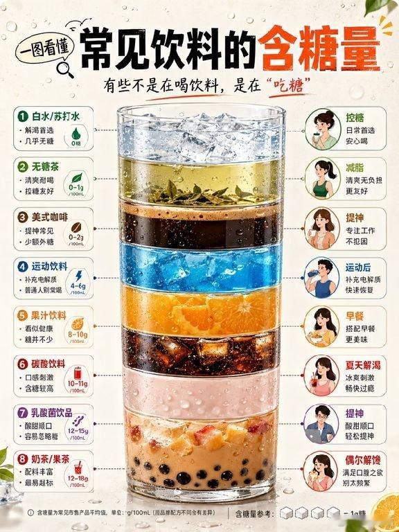 喝饮料不等于喝水，很多看似健康的饮品其实糖分爆表！白水苏打水几乎无糖最安心；无糖