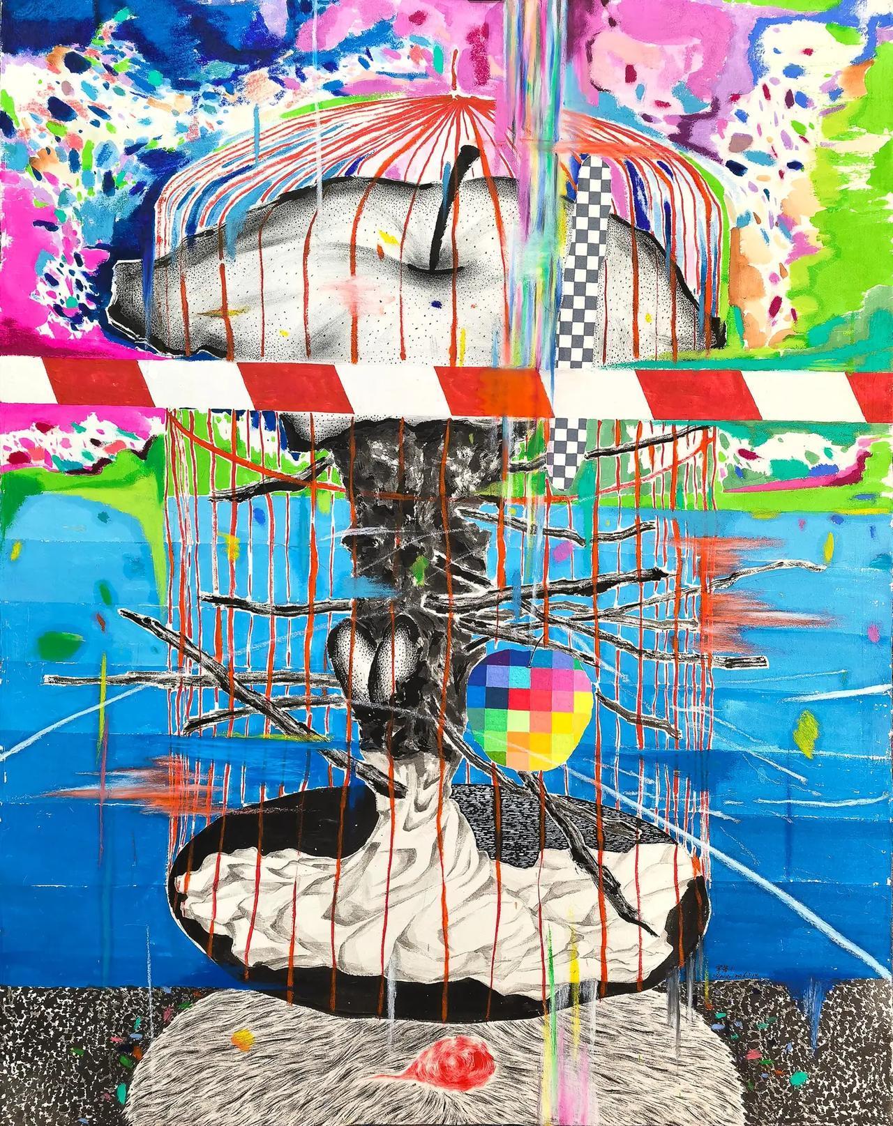 卢守辉作品《牢笼》一。牢笼1，皮纸，墨，国画颜料，油画棒，120×97cm，20