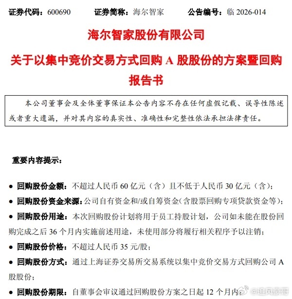 海尔智家30-60亿回购：用现金流和人才资本锁定长期价值3月26日晚间，海尔智家