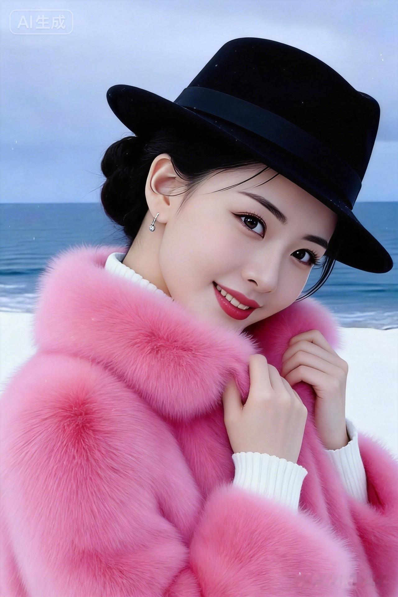 绝色佳人肌肤胜雪，唇红齿白明艳动人。精致盘发搭配礼帽，大领衣衬得身姿优雅。双手轻