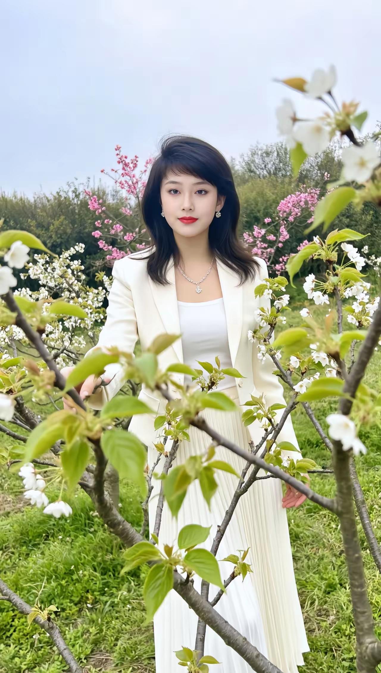 春日花海中的优雅女子，白衣飘飘，如诗如画。