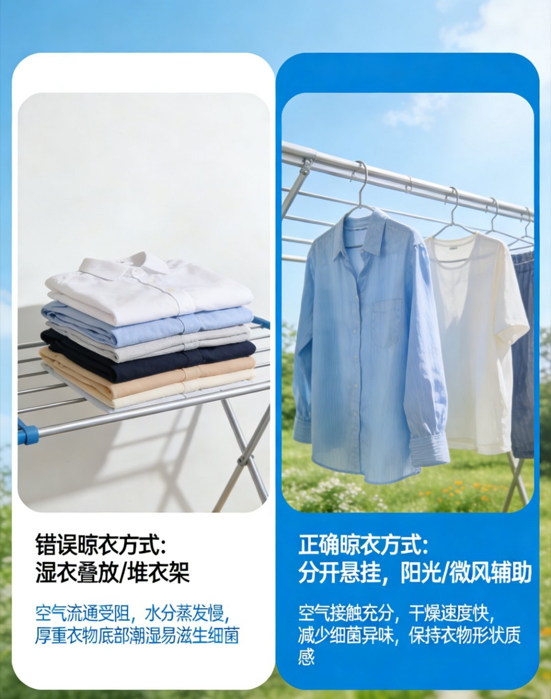 晾衣服时很多人习惯把湿衣服直接叠放或堆在衣架上，以为干得快，其实这样反而延长了干