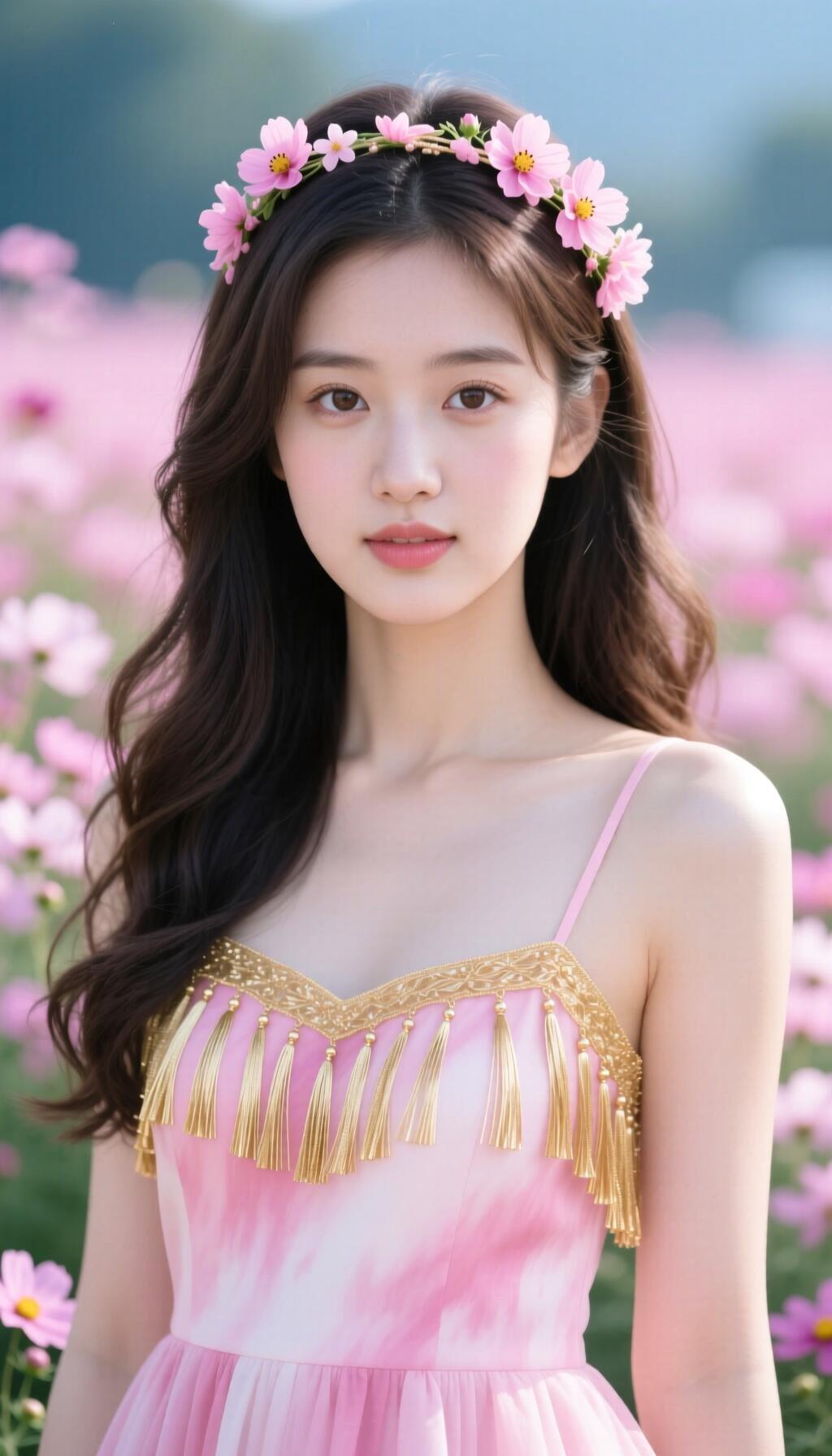 粉色花海中的少女，头戴花环，身穿粉色连衣裙，梦幻而唯美。