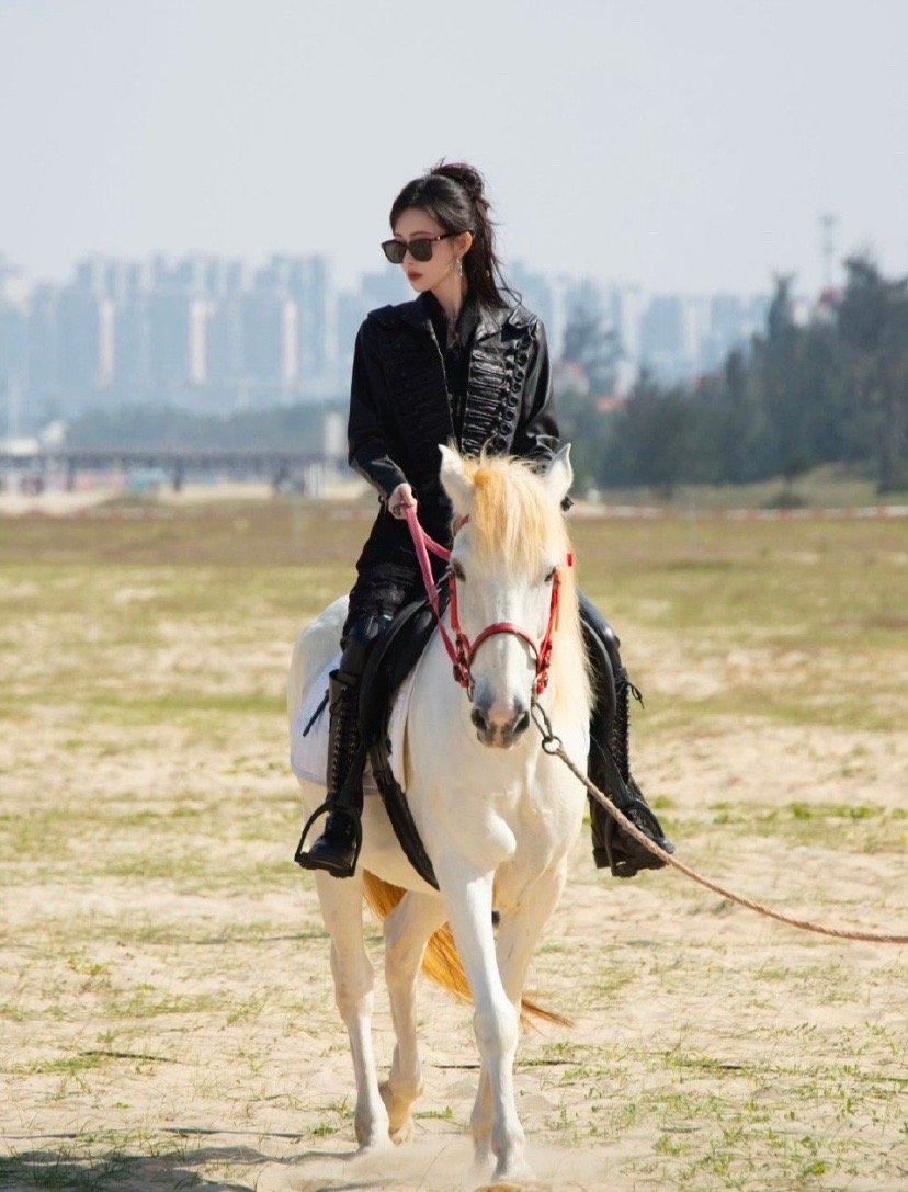 风掠过发梢，马蹄踏碎日光，黑皮衣与白马的碰撞，是属于孟子义的旷野浪漫。不必追赶风