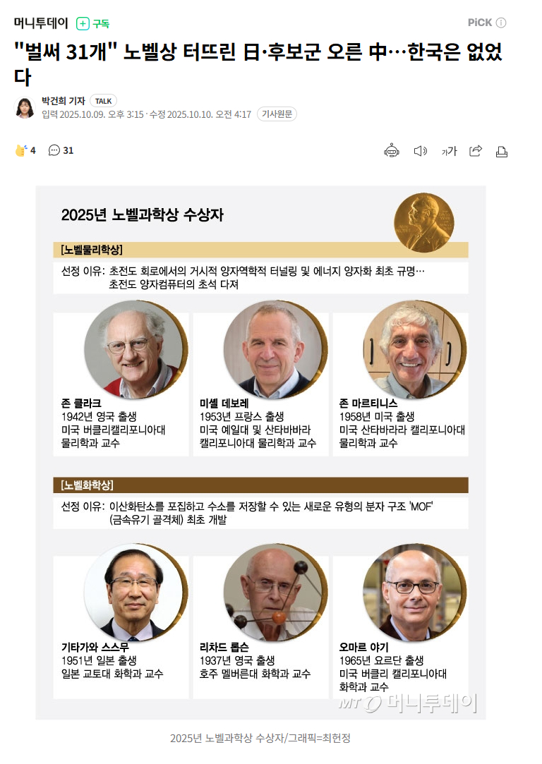 【日本已斩获31个诺贝尔奖，中国跻身候选行列...韩国却未上榜】海外新鲜事热点现