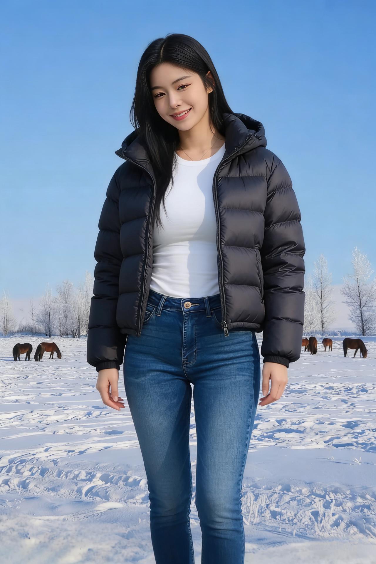 万里冰封覆野畴，晴光摇雪满汀洲。
绒衣漫卷寒风软，青丝斜垂晓雾柔。
马逐残冰寻碧