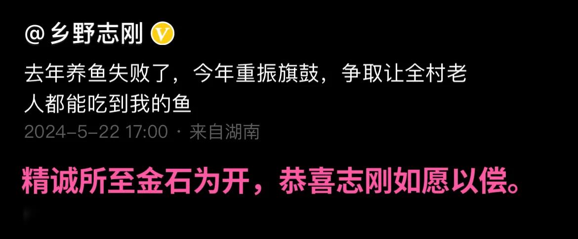 乡野志刚的鱼塘今天放水抓鱼，收获颇丰。恭喜乡野志刚养鱼成功！

但是回顾一路走来