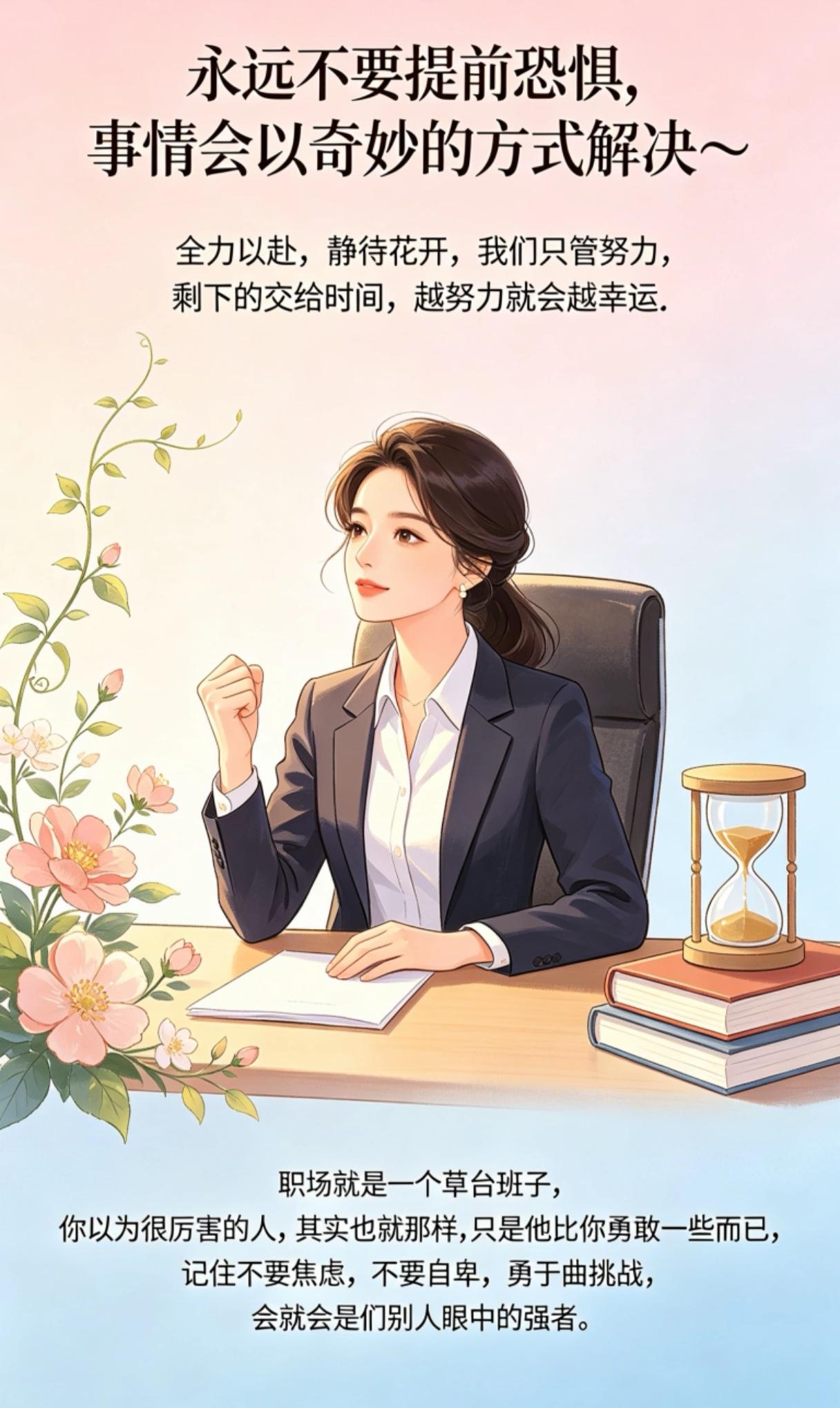 永远不要提前恐惧，
事情往往会以最奇妙的方式被解决。
 
全力以赴，静待花开，