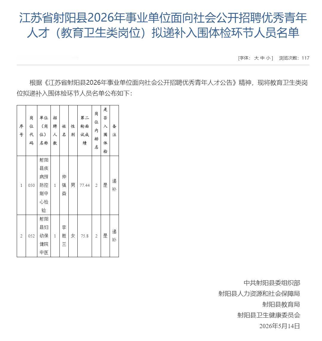 射阳县2026年事业单位面向社会公开招聘优秀青年人才（教育卫生类岗位）拟递补入围