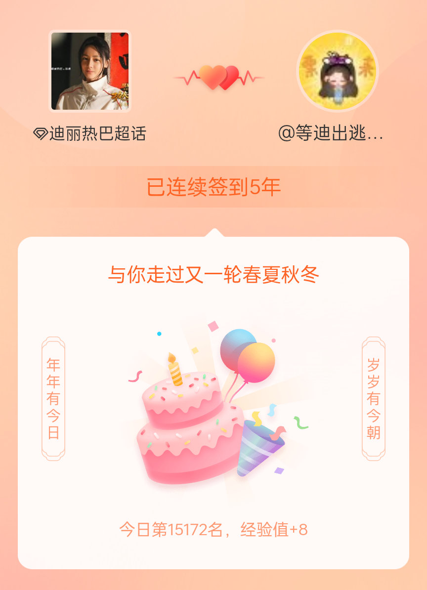 我在迪丽热巴[超话]连续签到5年啦，还要一起走过很多个春夏秋冬~ ​​​