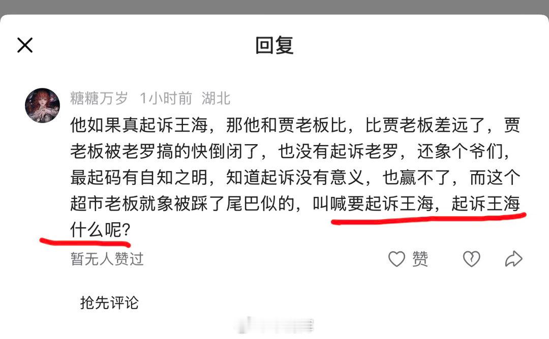 湖北网友留言 他如果真起诉王海，那他和贾老板比，比贾老板差远了，贾老板被老罗搞的