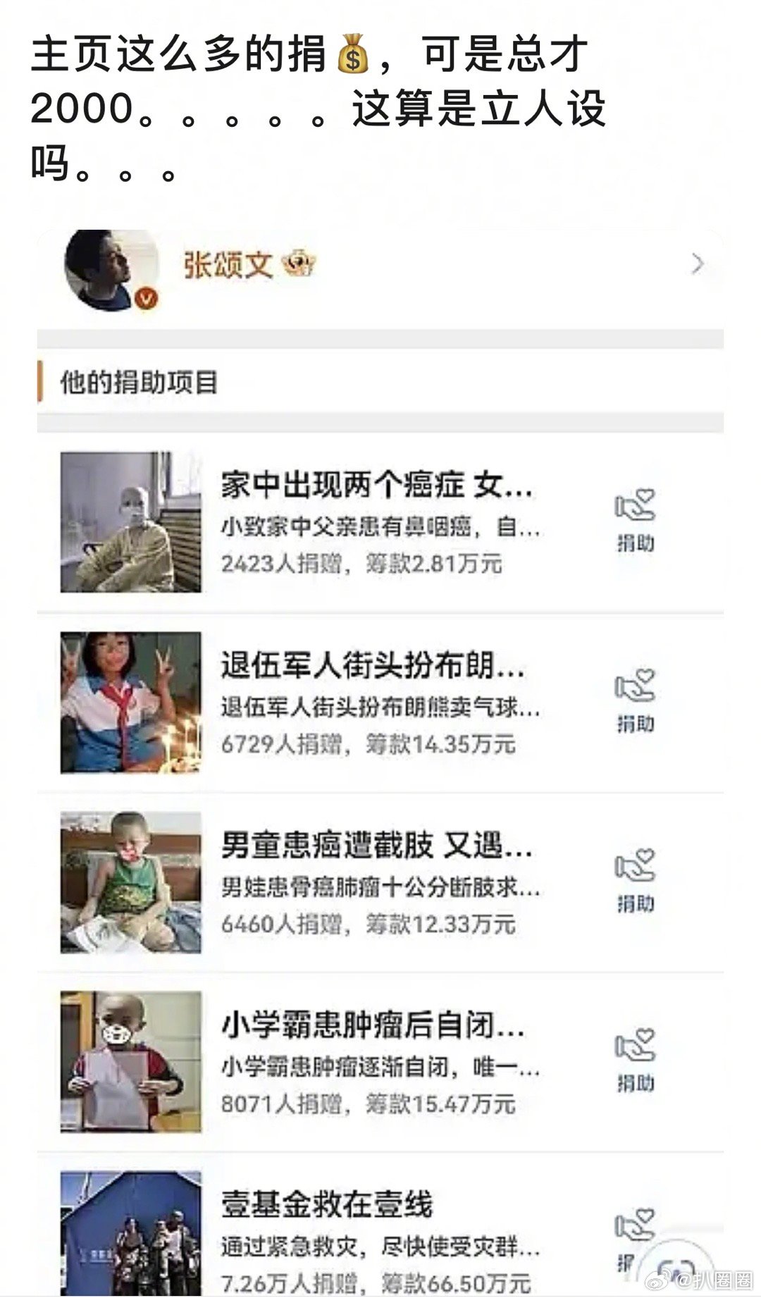 有网友问张颂文主页这么多的捐💰，可是总共才2000，算是立人设吗？[吃瓜] 