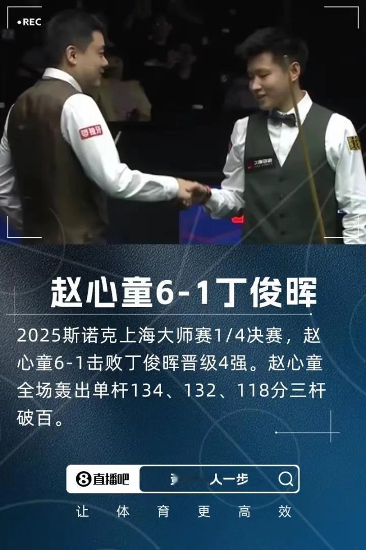 三次单杆破百！赵心童6-1战胜丁俊晖晋级上海大师赛4强
赵欣童从不追求147，只