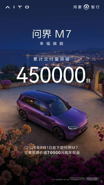 【鸿蒙智行问界 M7 汽车累计交付突破 45 万台，896 线双光路图像级激光雷