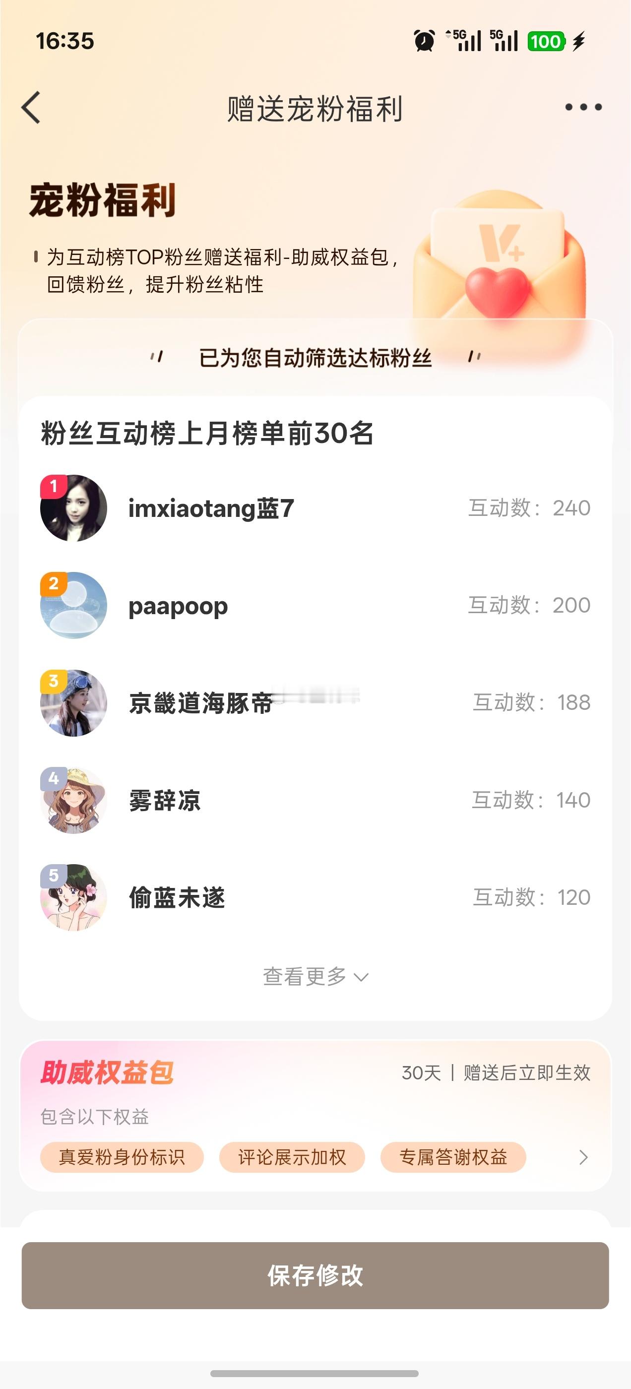 给上个月互动榜前30名暗恋我的小女孩每人送了1个月的助威权益包，可以直接免费佩戴
