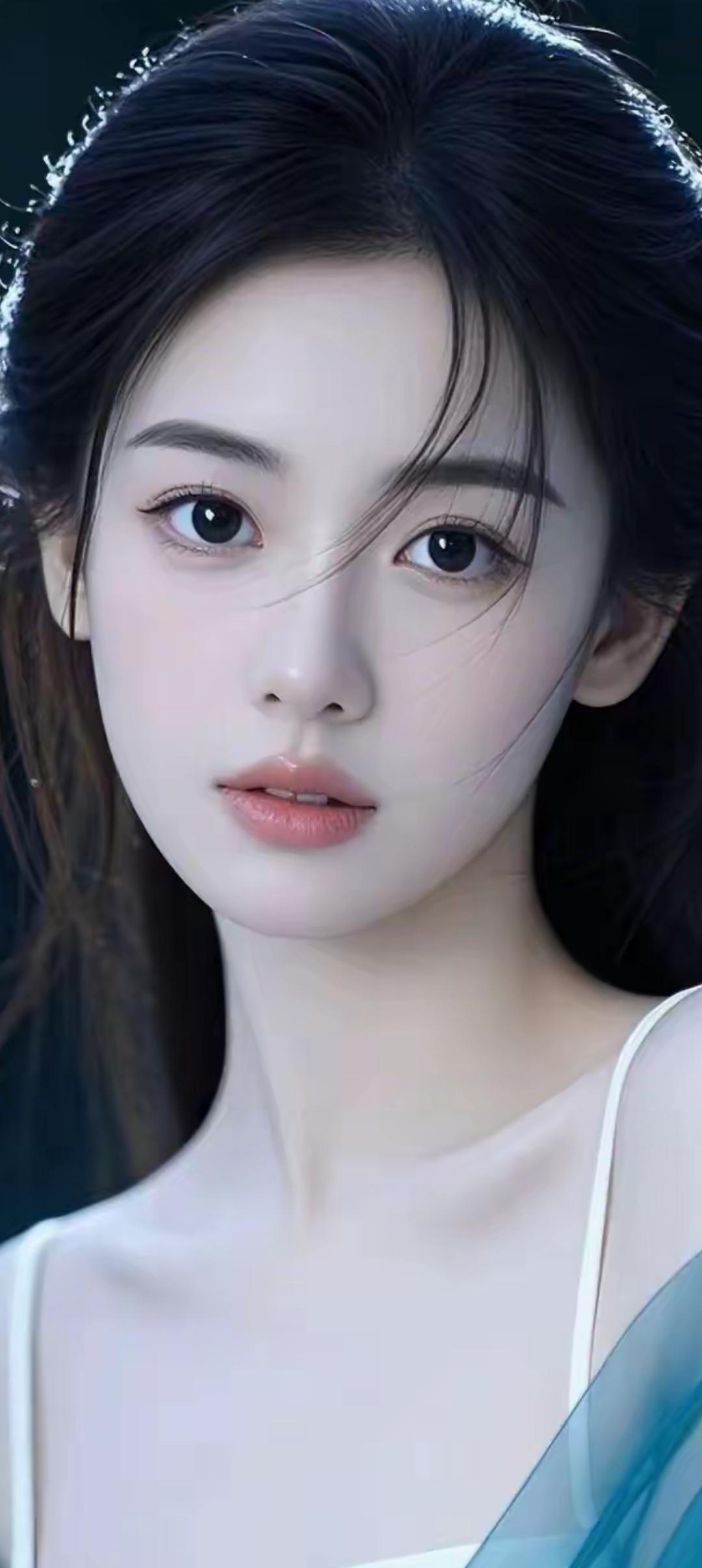 梦幻少女，白皙肌肤，黑发飘逸，清新自然，宛如仙子降临。