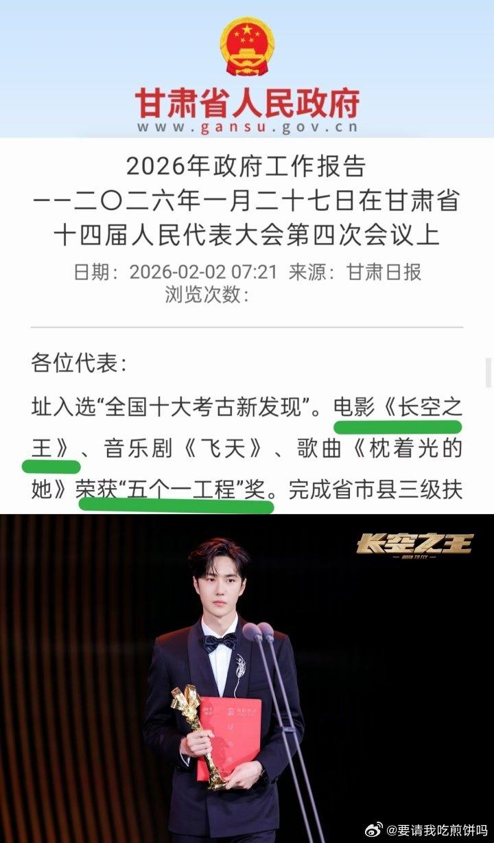 电影《长空之王》连续2年被写入甘肃省ZF工作报告。连续两年被提及，是官方对于优质