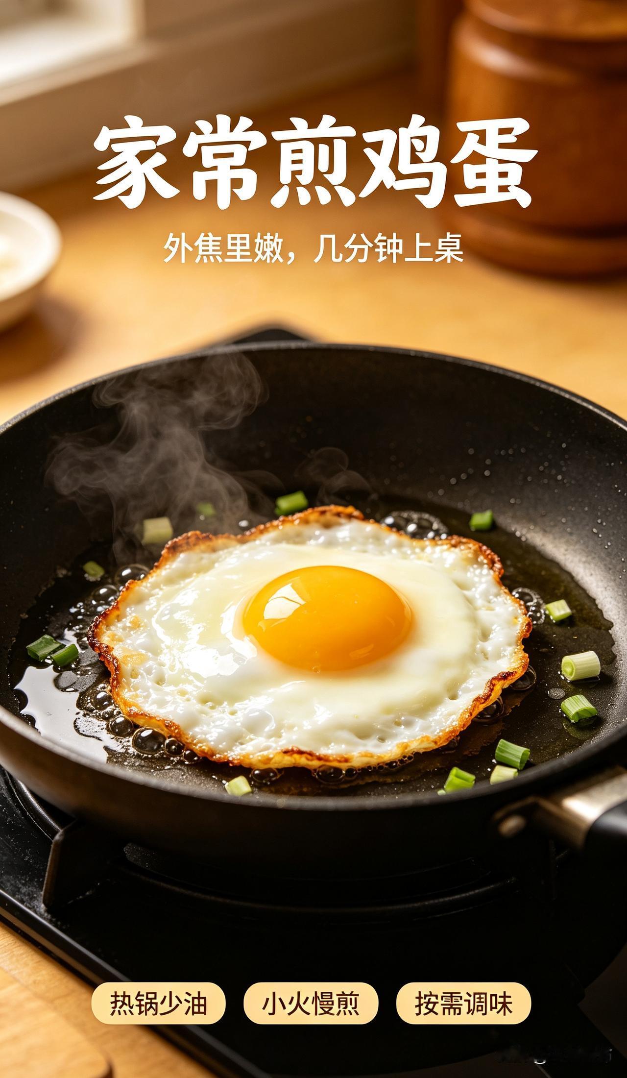 家常煎鸡蛋想要外焦里嫩，做法简单。热锅倒入少许食用油，油温微微烧热打入鸡蛋。喜欢