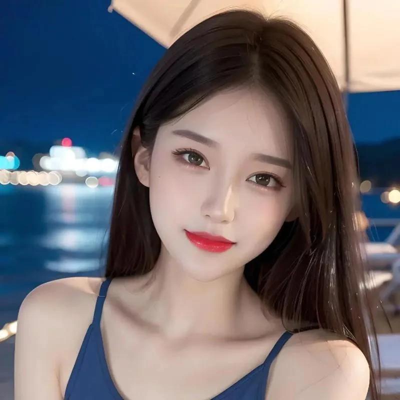 夜幕下的湖畔美景，与红唇美女的优雅相映成趣。