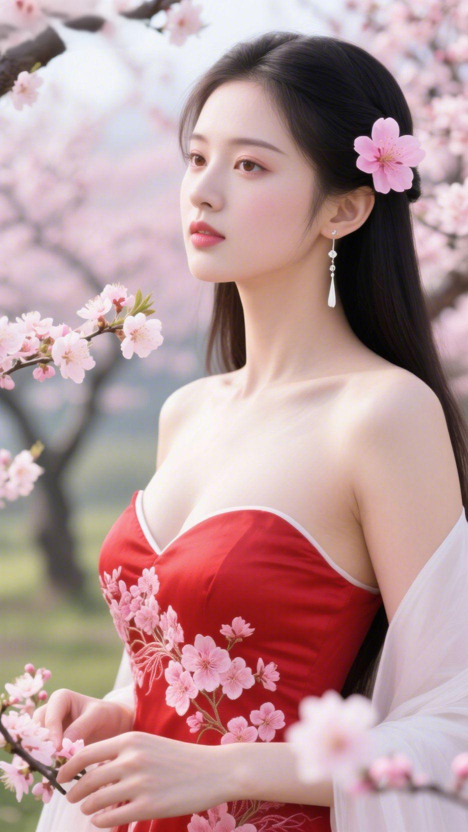 桃花深处遇红衣
 
三月风软，千树桃花如云似霞，漫山漫坡地铺开。红衣女子静立花间