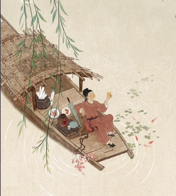 “ 春水碧于天，画船听雨眠。” 