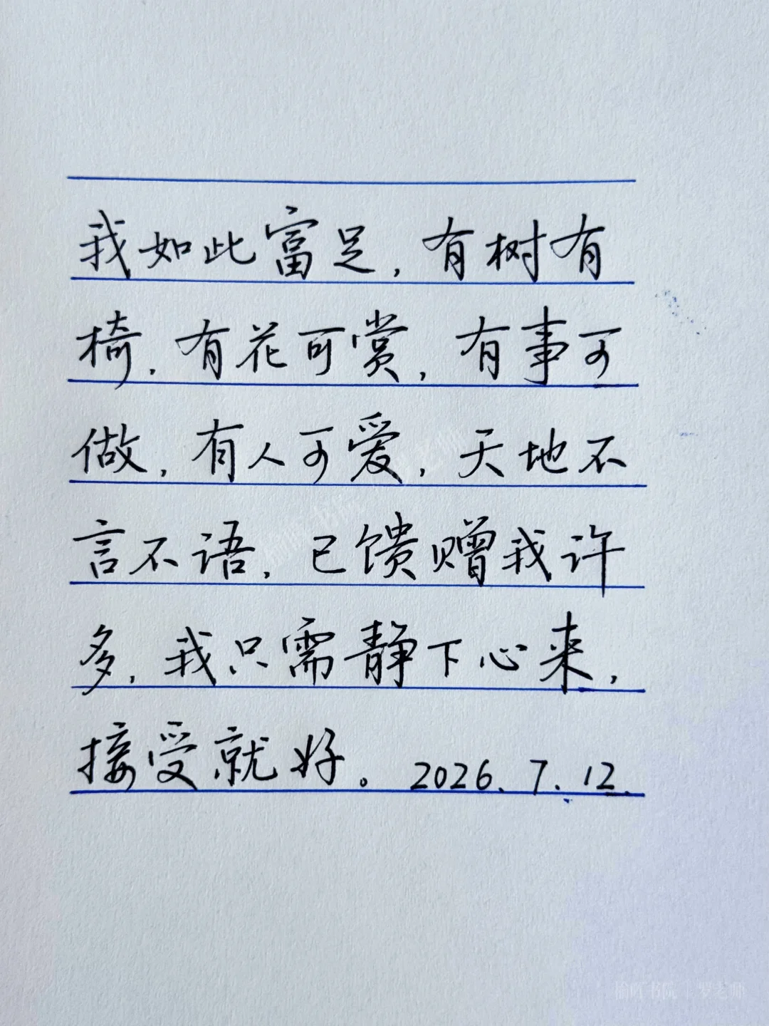 手写钢笔字｜“我如此富足，有树有椅”