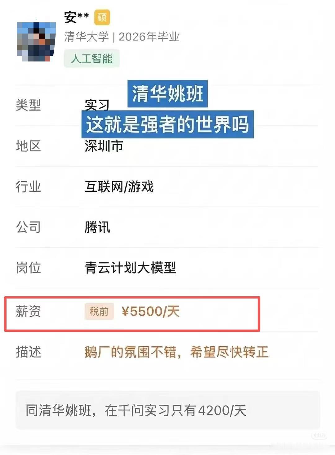 顶级学霸完全不受学历贬值的影响。

清华姚班同学在腾讯实习，一天的工资是5500