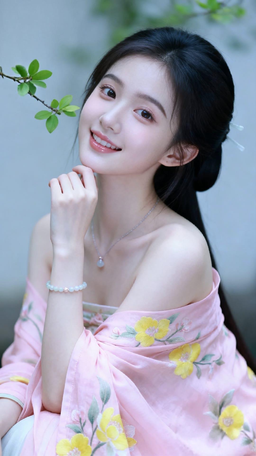 温柔甜美的少女，粉色花朵连衣裙，微笑如花🌸