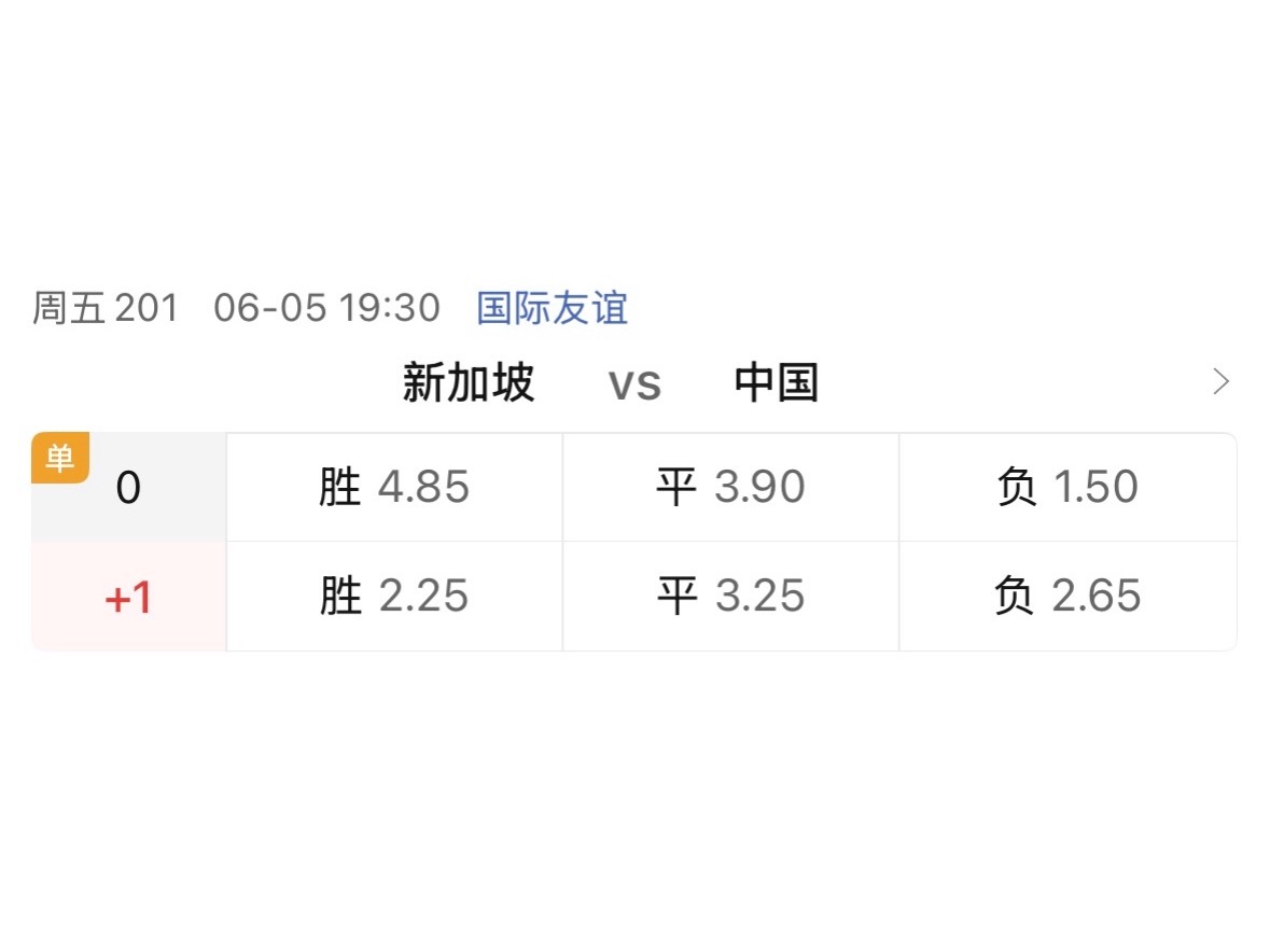 国足单关，胜平负4.85-3.90-1.50。