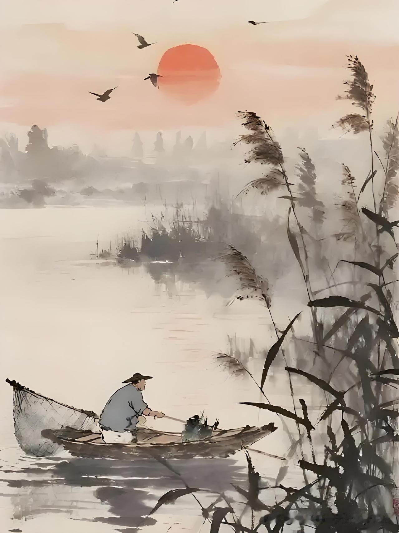 《江上晚泊》
——唐·左偃
寒云淡淡天无际，
片帆落处沙鸥起。
水阔风高日复斜，